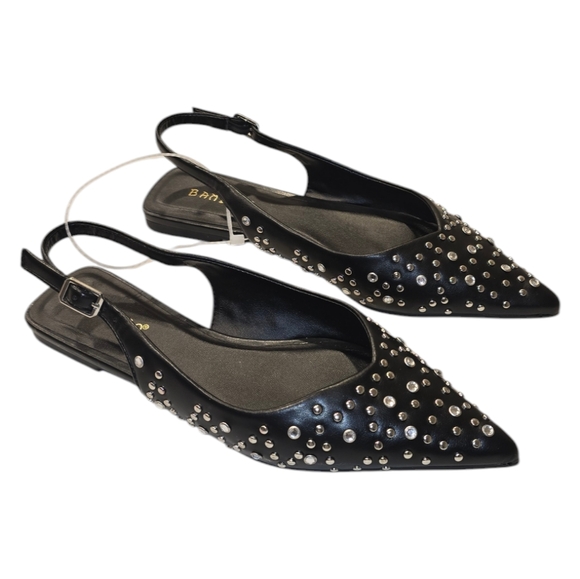 Rhinestone and Silver Studded Slingback Pointed Toe Black Flats - Picture 5 of 8
